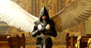 black and white angel character illustration, fantasy art, sword, armor, wings