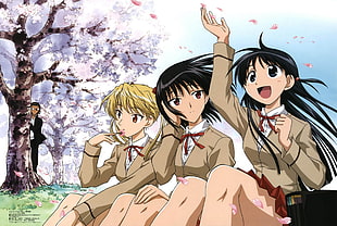 three female anime character sitting near tree digital wallpaper