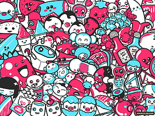 blue and pink doodle art, colorful, digital art, artwork
