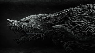 grey wolf digital wallpaper, nature, wolf, artwork, monochrome