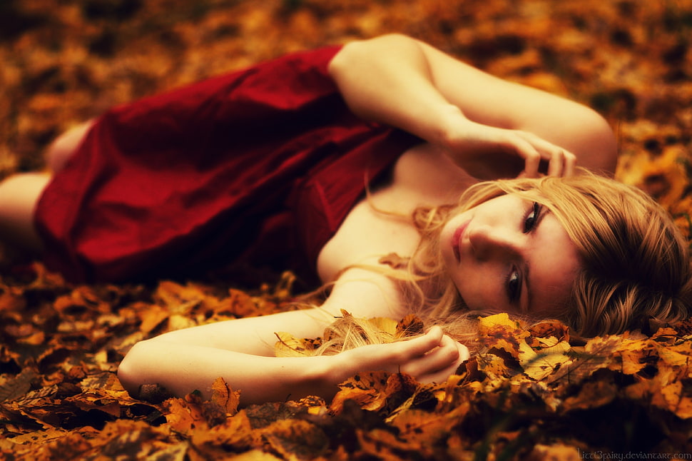 woman laying on a dried leaves HD wallpaper