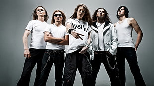 five men wearing white shirt and black pants poster HD wallpaper