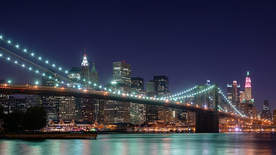 Manhattan Bridge, New York, bridge, night HD wallpaper