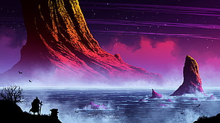 rock mountain near body of water digital wallpaper, illustration, Kvacm, fantasy art, mountains