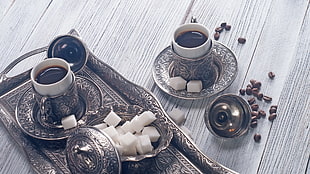 gray and black ceramic tea set, sugar , coffee, photography, food