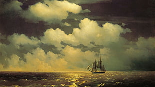 sailboat on water painting, artwork, painting, classical art, water