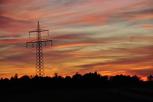 black steel electricity post, sunset, dark, power lines, sky