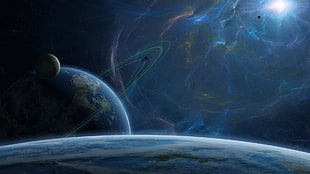 blue and gray planet 3D illustration, space, stars, planet, planetary rings