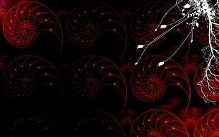 red and black floral textile, abstract, spiral, red, digital art