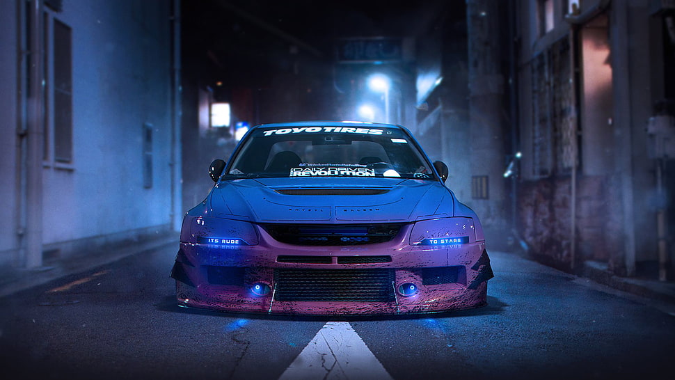 purple and blue car, Mitsubishi Lancer Evo IX, Japanese cars, Headlights, tuning HD wallpaper