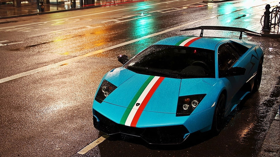 teal sports car, car, Lamborghini Murcielago, blue, Lamborghini HD wallpaper