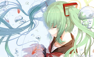 green haired female anime character illustration, Hatsune Miku, Vocaloid, bubbles, fish