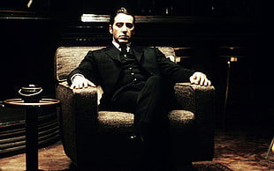 men's black notched lapel blazer, Al Pacino, The Godfather, movies, Michael Corleone