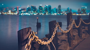 white metal chains, water, city, lights