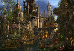 brown castle illustration, fantasy art, fantasy city HD wallpaper