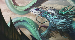 green dragon painting, artwork, fantasy art, dragon, chinese dragon