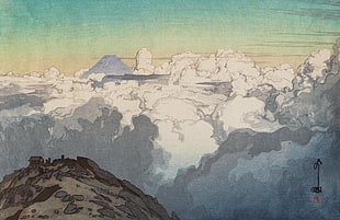 painting of mountain covered in clouds, Yoshida Hiroshi, artwork, Japanese, painting