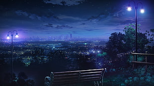 brown wooden bench, night, city lights, cityscape, anime