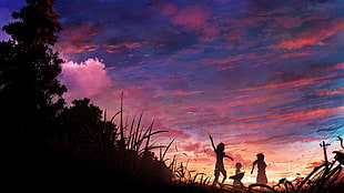 silhouette photo of three children illustration, anime, sky