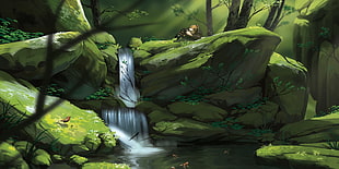 body of water and watefall, nature, painting, Lorenzo Lanfranconi, waterfall