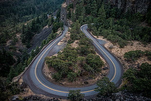 aerial photography of curve black top road HD wallpaper