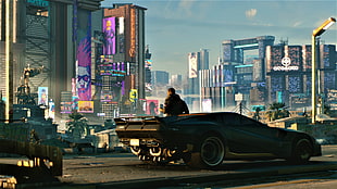 black sports car, video games, cyberpunk, Cyberpunk 2077 HD wallpaper