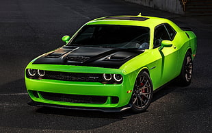 green Dodge Challenger coupe, car, vehicle, green cars, Dodge Challenger Hellcat HD wallpaper