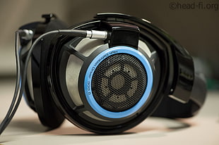 black and blue corded headphones, Sennheiser, headphones, music, Sennheiser HD 800 S
