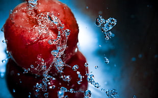 selective photo of red apple fruit with splashed of water