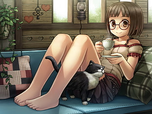 anime girl holding teacup and saucer beside cat