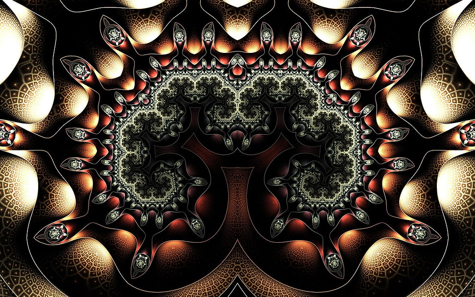 black and brown floral textile, abstract, fractal, symmetry HD wallpaper