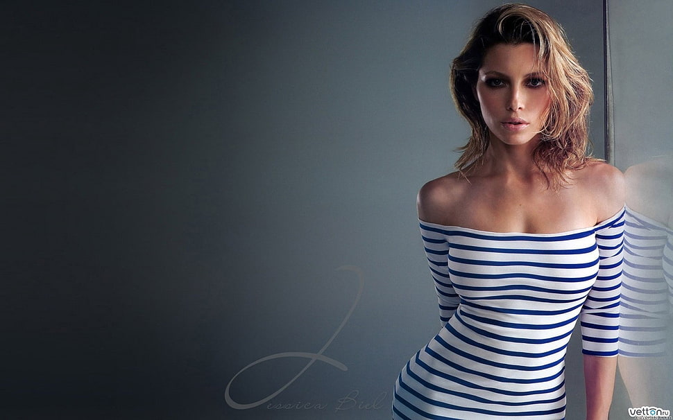 women's white and black striped off-shoulder top, Jessica Biel, striped clothing, bare shoulders, actress HD wallpaper