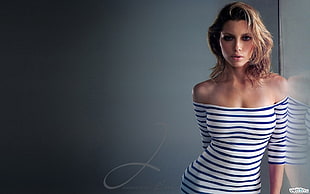 women's white and black striped off-shoulder top, Jessica Biel, striped clothing, bare shoulders, actress
