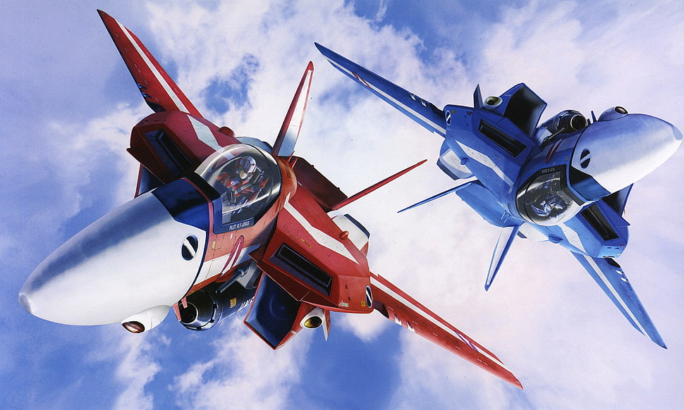red and blue jet planes, Robotech, anime, robot HD wallpaper