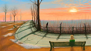 painting of person sitting on wooden bench beside road, painting, artwork