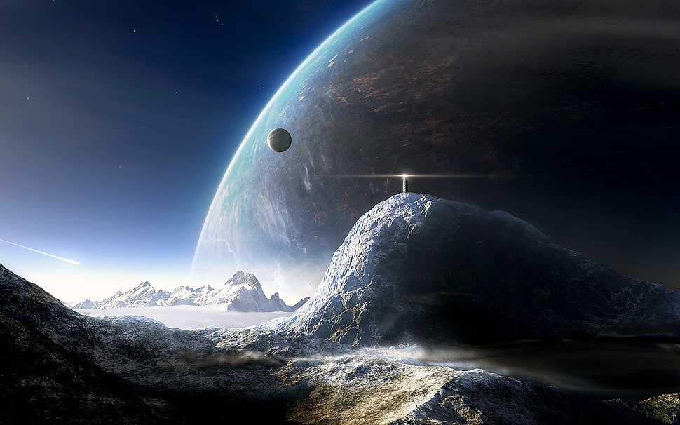 two planets and mountains digital wallpaper, space, space art, planet, digital art HD wallpaper