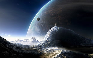 two planets and mountains digital wallpaper, space, space art, planet, digital art