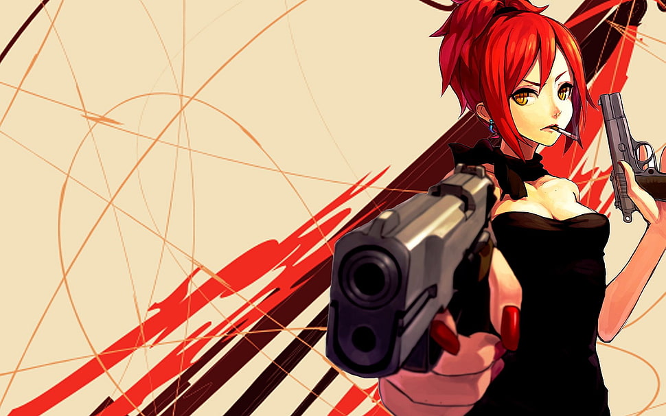 red haired female anime character holding gun HD wallpaper
