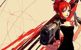 red haired female anime character holding gun