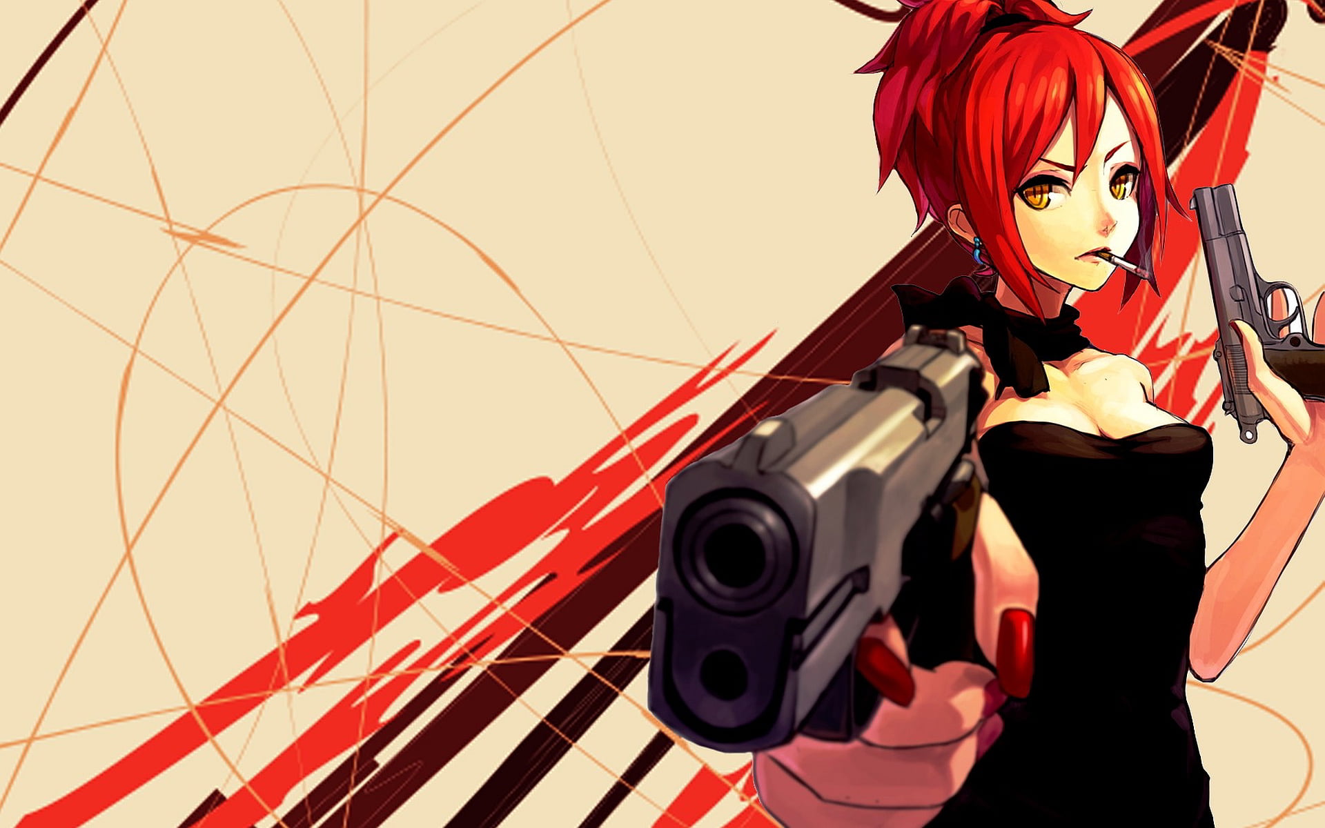 red haired female anime character holding gun