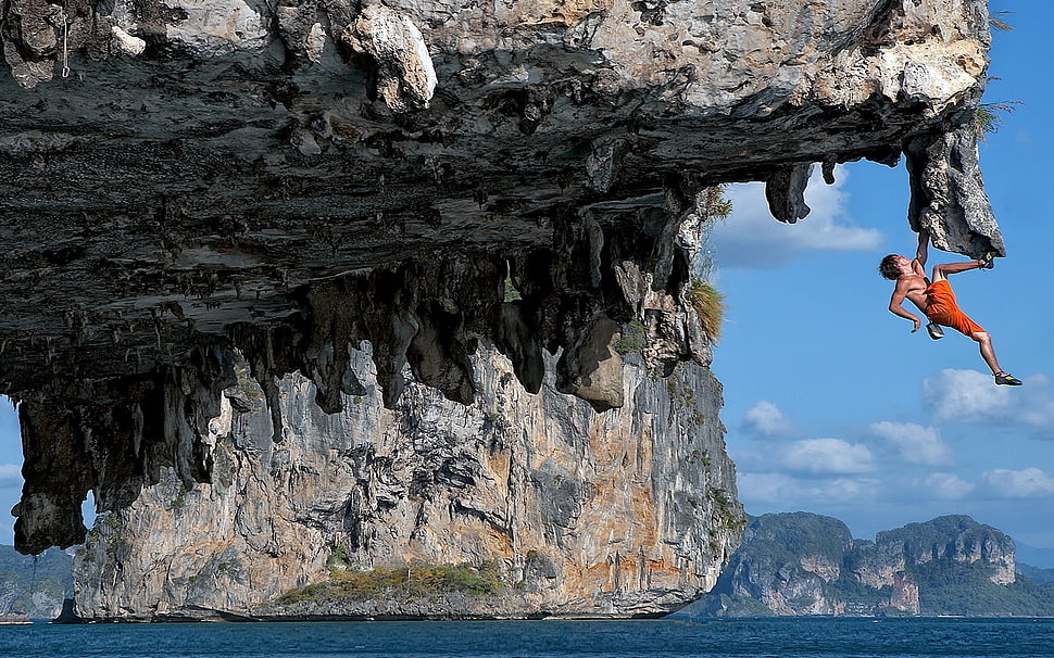 gray rock formation, cliff, climbing HD wallpaper