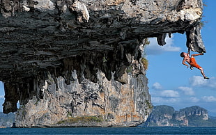 gray rock formation, cliff, climbing HD wallpaper