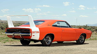 orange and white coupe, daytona, Dodge Charger, car, red cars
