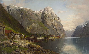 brown and black wooden horse, painting, landscape, Norway, villages