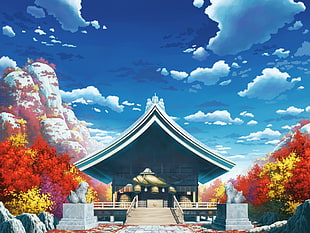 blue and brown pagoda temple digital wallpaper, temple, statue, clouds, shrine