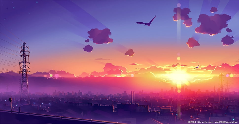 top view of city, anime, sky, skyline, power lines HD wallpaper