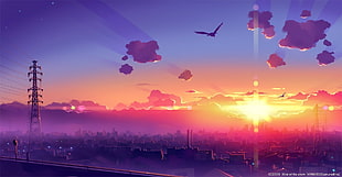 top view of city, anime, sky, skyline, power lines