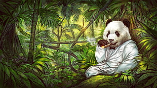 panda wearing suit jacket smoking tobacco digital wallpaper, panda, jungle, cigars, tuxedo