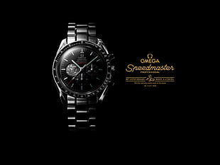 round Omega Speedmaster chronograph watch with silver-colored link bracelet