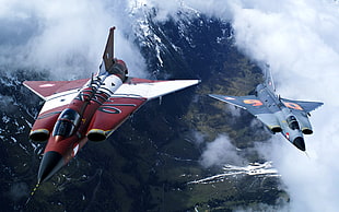 two red and gray jet planes